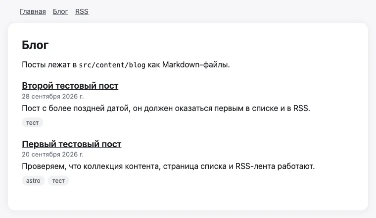 Список постов тестового блога на Astro 7.3.5: коллекцию постов, страницы и RSS-ленту агент собрал по разделам документации, найденным через search_astro_docs. Новый пост стоит выше старого