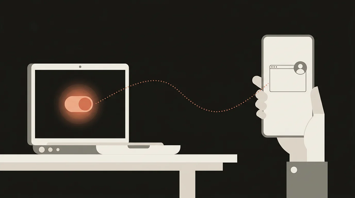 Схема: тумблер Remote Control на ноутбуке передаёт управление на телефон через вход тем же аккаунтом