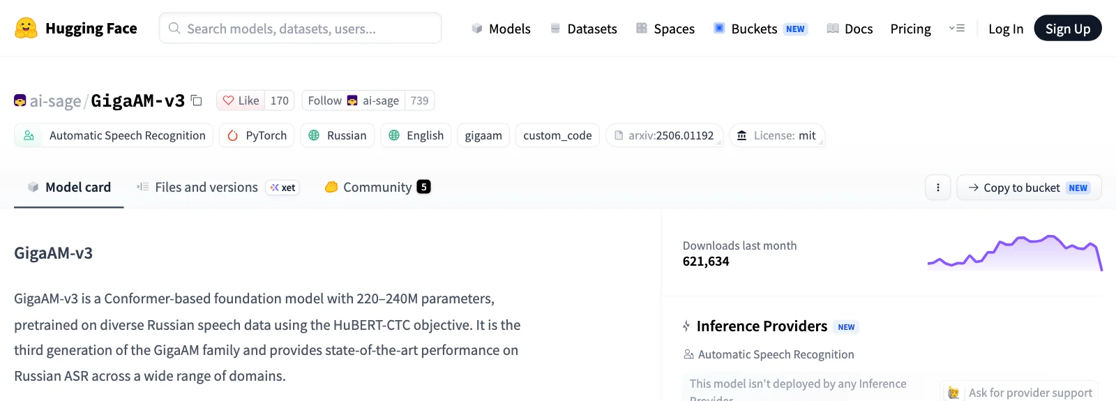 Страница модели ai-sage/GigaAM-v3 на huggingface.co: лицензия MIT, 220-240 млн параметров, 621 634 скачивания за последний месяц. Эту модель агент в нашем прогоне поставил первой для русской речи