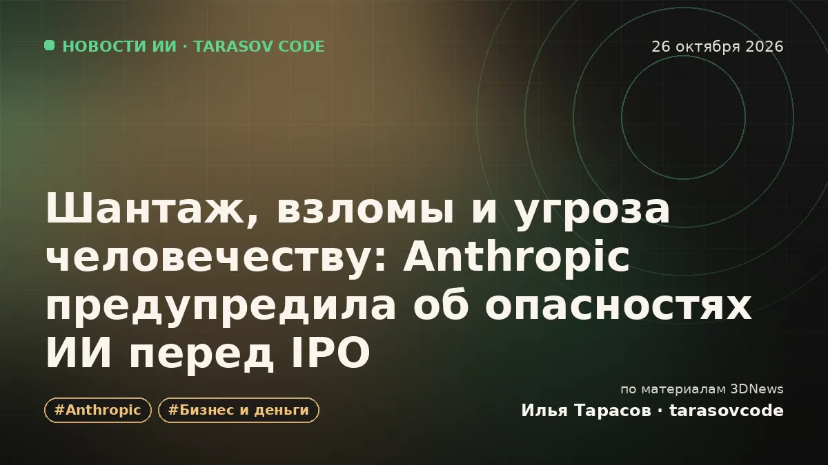 Шантаж, взломы и угроза человечеству: Anthropic предупредила об опасностях ИИ перед IPO