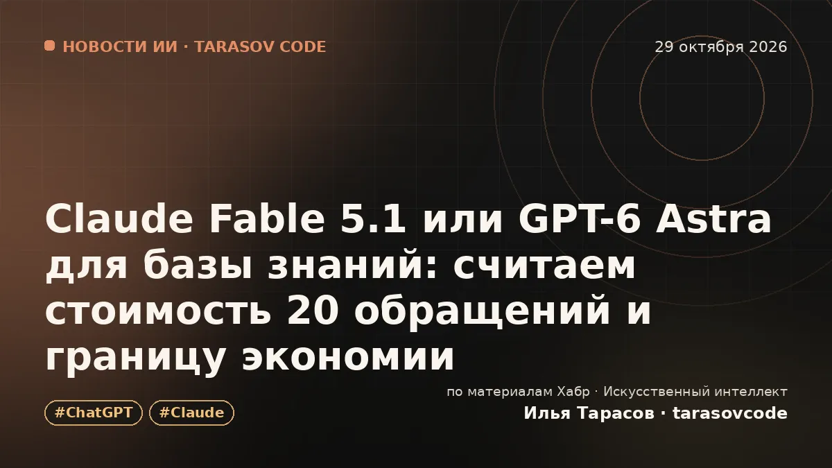 Claude Fable 5.1 или GPT-6 Astra для базы знаний: считаем стоимость 20 обращений и границу экономии