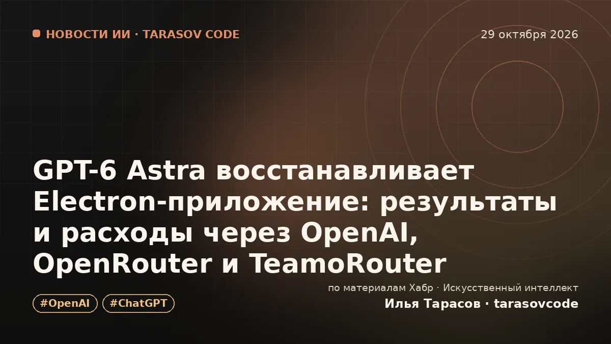 GPT-6 Astra восстанавливает Electron-приложение: результаты и расходы через OpenAI, OpenRouter и TeamoRouter