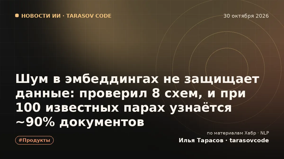 Шум в эмбеддингах не защищает данные: проверил 8 схем, и при 100 известных парах узнаётся ~90% документов