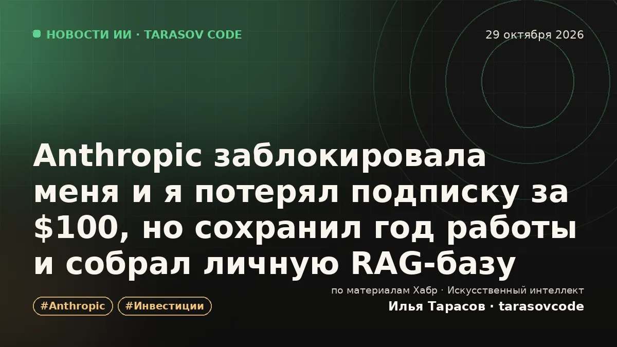 Anthropic заблокировала меня и я потерял подписку за $100, но сохранил год работы и собрал личную RAG-базу