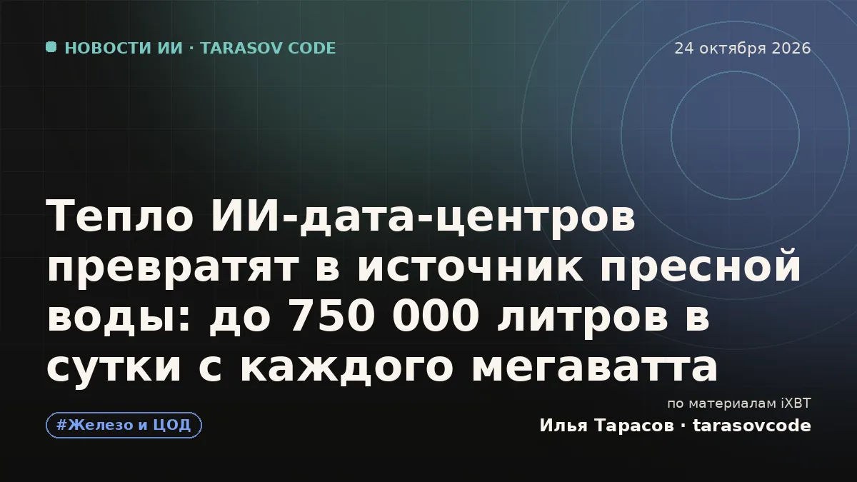 Тепло ИИ-дата-центров превратят в источник пресной воды: до 750 000 литров в сутки с каждого мегаватта