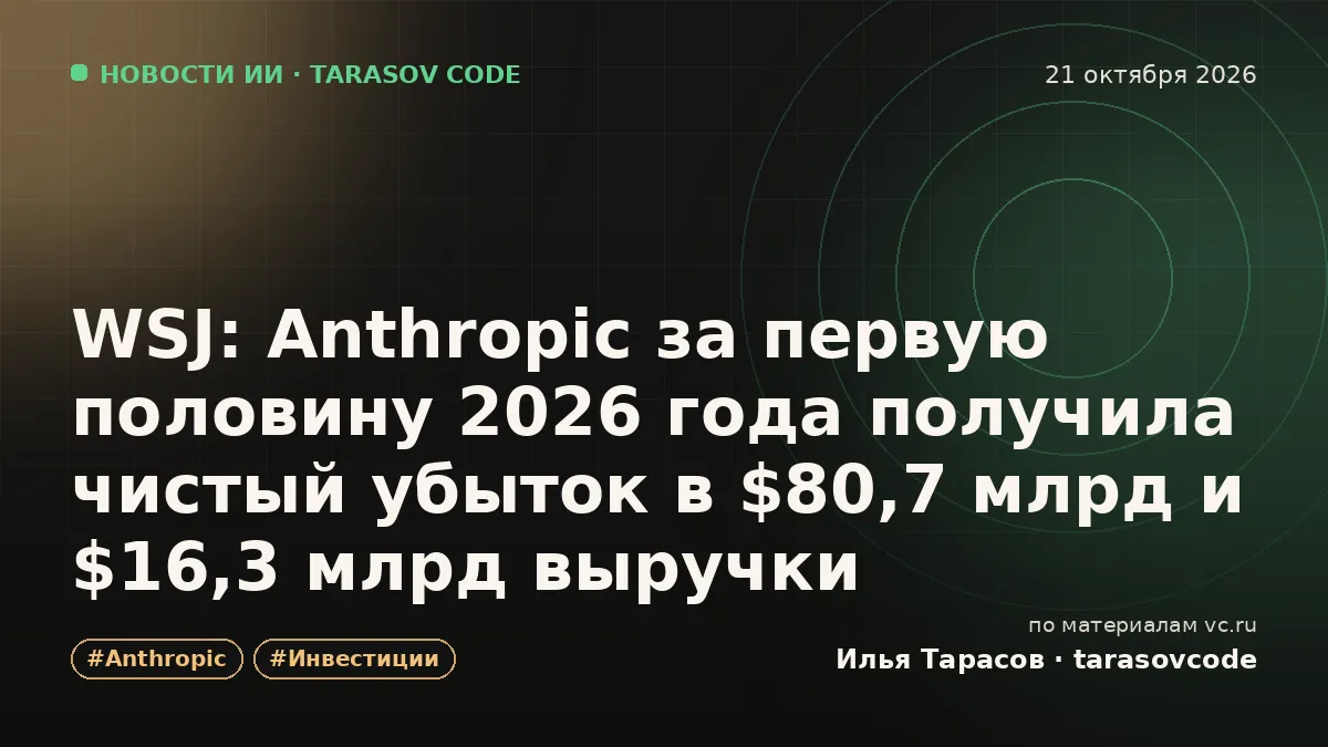WSJ: Anthropic за первую половину 2026 года получила чистый убыток в $80,7 млрд и $16,3 млрд выручки