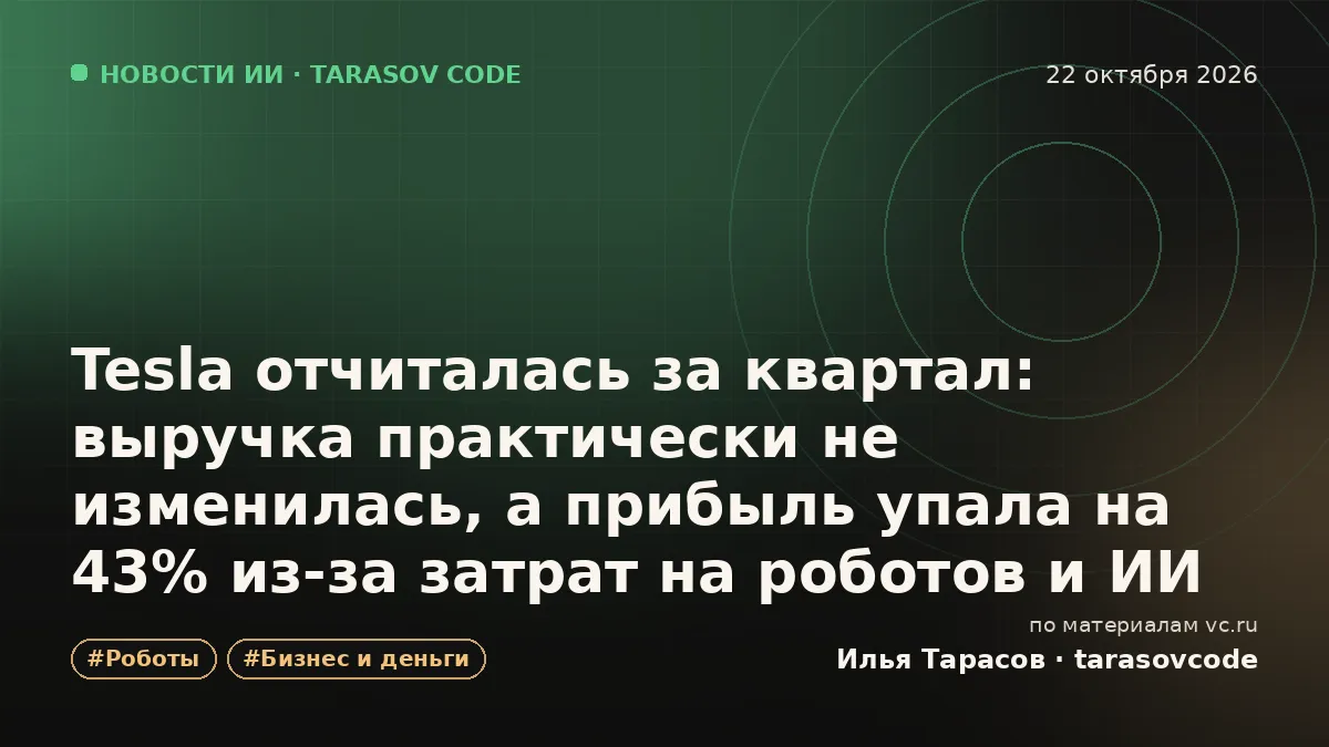 Tesla отчиталась за квартал: выручка практически не изменилась, а прибыль упала на 43% из-за затрат на роботов и ИИ