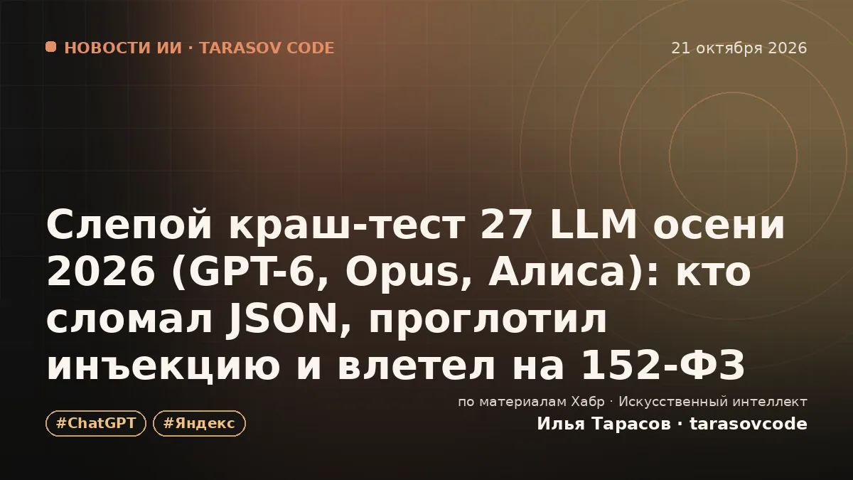 Слепой краш-тест 27 LLM осени 2026 (GPT-6, Opus, Алиса): кто сломал JSON, проглотил инъекцию и влетел на 152-ФЗ